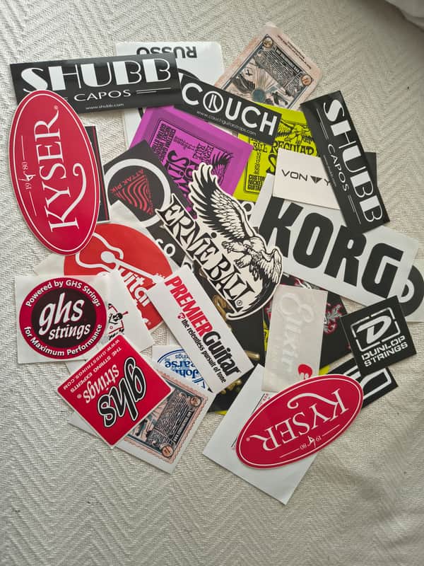 Guitar Sticker Lot! Ernie Ball, GHS, Elixir, Kyser, Dunlop & more! Plus free mystery guitar picks! image 1