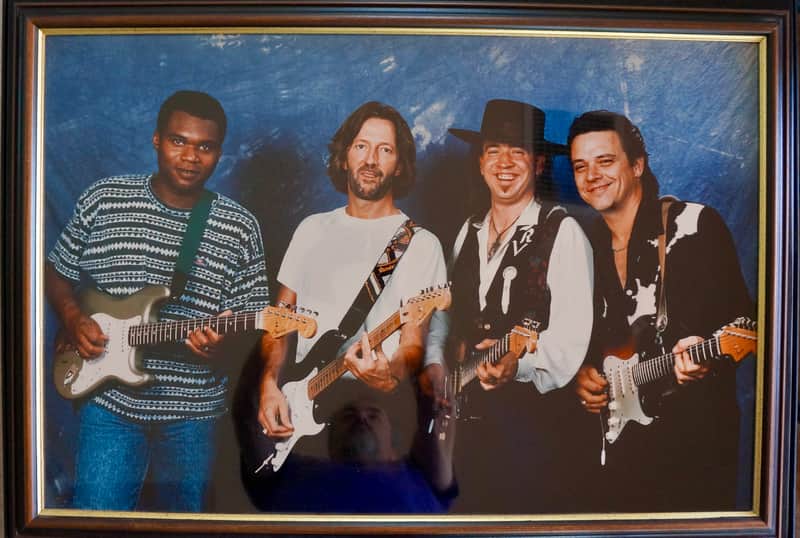 Fender Eric Clapton, SRV, Jimmie Vaughan, Robert Cray framed photo