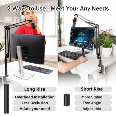 Overhead Mic Boom Arm Stand,Desk Microphone Boom Arm Stand With High Riser, Adjustable Scissor Arm Stand With Metal Clamp,3/8" To 5/8" Adapter For Blue Yeti Snowball, Hyperx Quadcast, Yeti image 3
