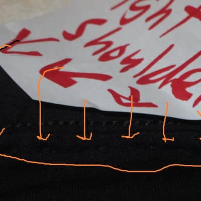 lightly worn genuine Gibson Firebird T-Shirt XL (X-Large), Black with Red Graphic, 60% Cotton / 40% Polyester - short sleeve GIBS-GA-FBBMXL (GA-FBBMXL) UPC # 711106533919, part of back neck area & right shoulder were re-stitched image 19