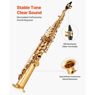 Gold Brass Straight Soprano Saxophone B Flat Sax with Case Straps Mouthpiece image 3