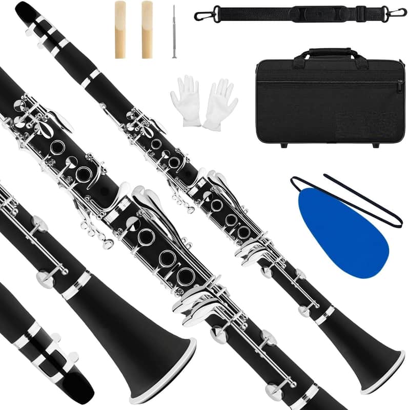 Flat Clarinet for Beginner & Student, Nickel-plated Bb Ebonite Clarinet 2 Barrels, Reeds with Cleaning Kit, White Gloves and Hard Case, Black image 1