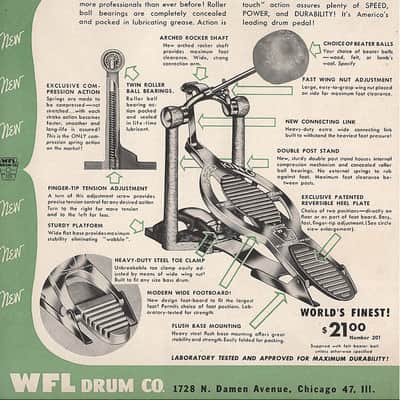 Ludwig (WFL) 5 Pc. Hardware Set, Two Cymbal Stands, Snare & Hi Hat Stands, Speed King Pedal - Late 1950s to Early '60s image 12