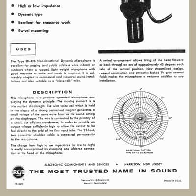 Vintage RARE 1950's RCA SK-45B / KN1B pressure / dynamic microphone Dual Z w cable data sheet & case 77DX 44BX 74B # 2 image 3