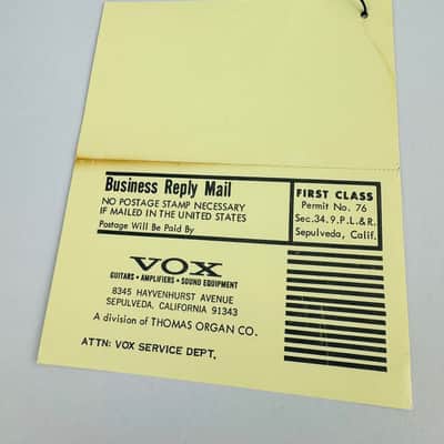 Vox Warranty Return Card (Late 1960s–Early 1970s) - Yellow image 2