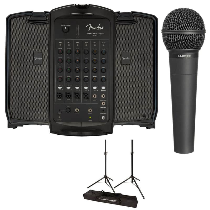 Fender Passport Event Series 2 375W 7-Channel Portable PA System with Bluetooth Bundle with 2x Ultimate Support JamStands JS-TS50 Tripod-Style Speaker Stand, Microphone image 1