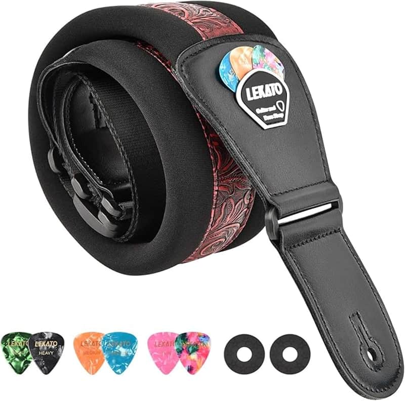 Bass Guitar Strap for Electric Guitar & Bass 3" Wide Guitar Straps Padded Bass Guitar Strap Adjustable Length from 45" to 55" Bass Guitar Straps with Pick Holder 2 Safety Strap Locks & 6 Picks image 1