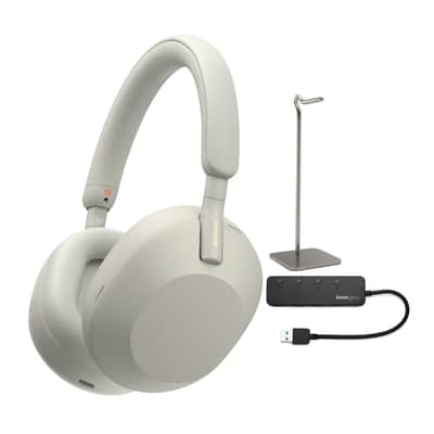 Sony WH-1000XM5 Wireless Noise Canceling Over-Ear Headphones (Silver) with Knox Gear 4-Port USB 3.0 Hub and Alloy Headphone Stand Bundle (3 Items) image 1
