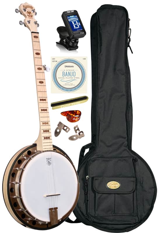 Deering Goodtime Two (2) LEFT HANDED 5-String Maple Resonator Bluegrass Banjo Bronze Powercoat Hardware, Art Deco Inlay with Instrument Alley Gig Bag, Strings, Mute, Tuner, Picks, Bundle image 1
