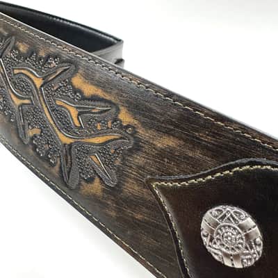 Walker & Williams LIP-06 Dark Rye Tan Carved Leather Spade Cut Strap with Tooled Cross and Thorns image 4