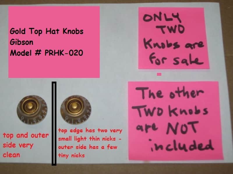 TWO very lightly used genuine Gibson Gold TOP HAT Knobs (ONLY 2 of the 4 knobs from PRHK-020 set are for sale) TOP Edge of ONE OF THE KNOBS has two very short very light nick image 1