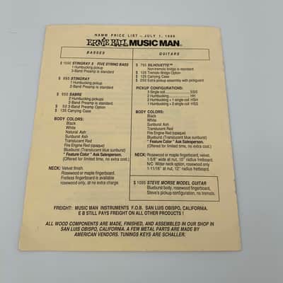1988 Ernie Ball MUSIC MAN Catalog & NAMM Price List [Silhouette, Steve Morse, Sting Ray, Sabre] image 5