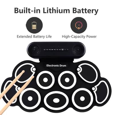 Electric Drum Set 9-Pad Roll-up with Headphones, USB MIDI, and Dual Pedals – Portable Drum Kit with Recording and Game Mode image 3