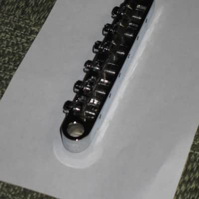 lightly used Epiphone B-2 metric ABR-1 vintage style bridge, wired,  CHROME, large posts mounting pieces (NO anchors) 1990s/2000s (for some import guitars that use this style bridge) will NOT fit on Gibson - mounting holes are too big image 17