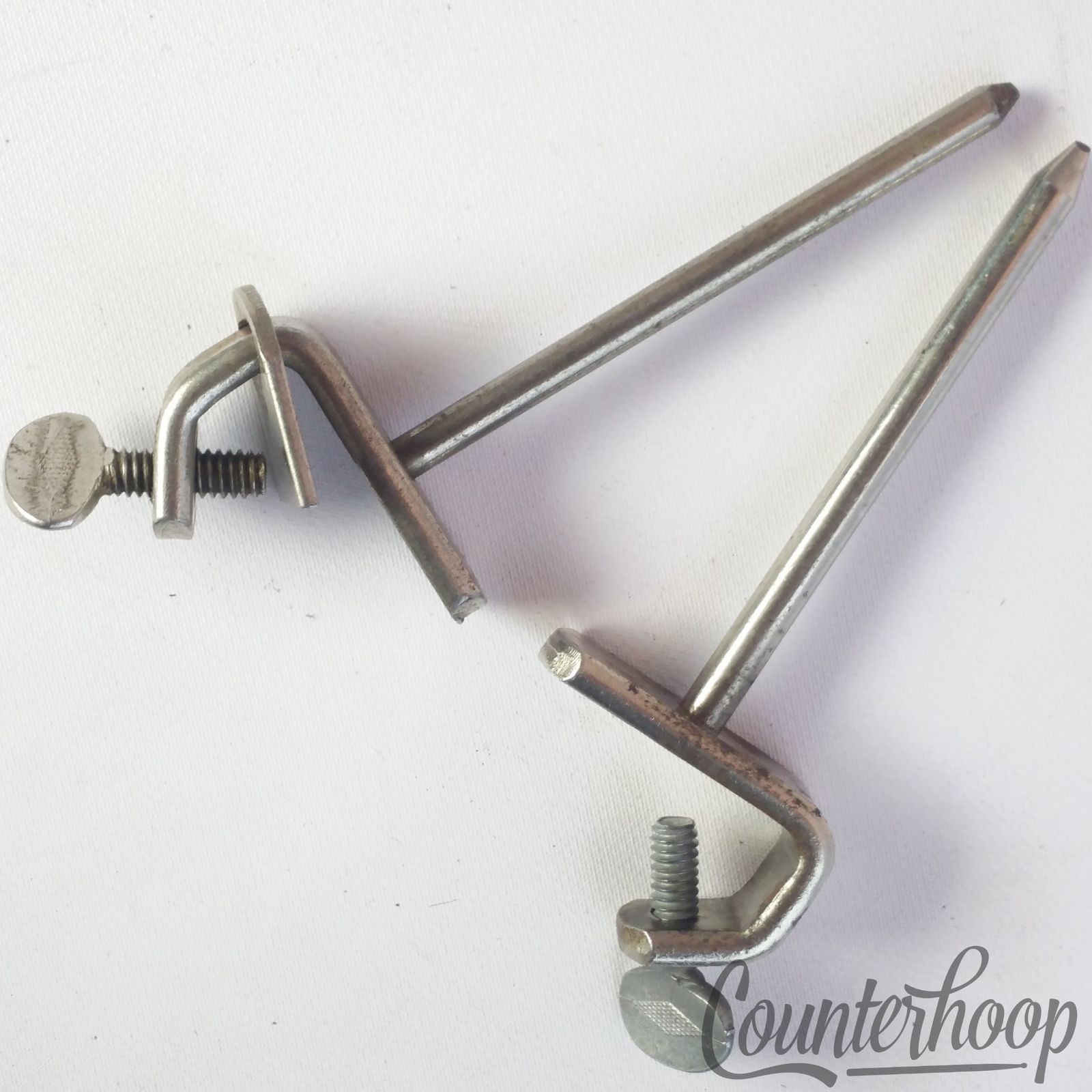 Ludwig Bass Drum Spurs Nickel Spikes Clamp-On Mounts Vintage 30s Legs 2x Set USA — main photograph