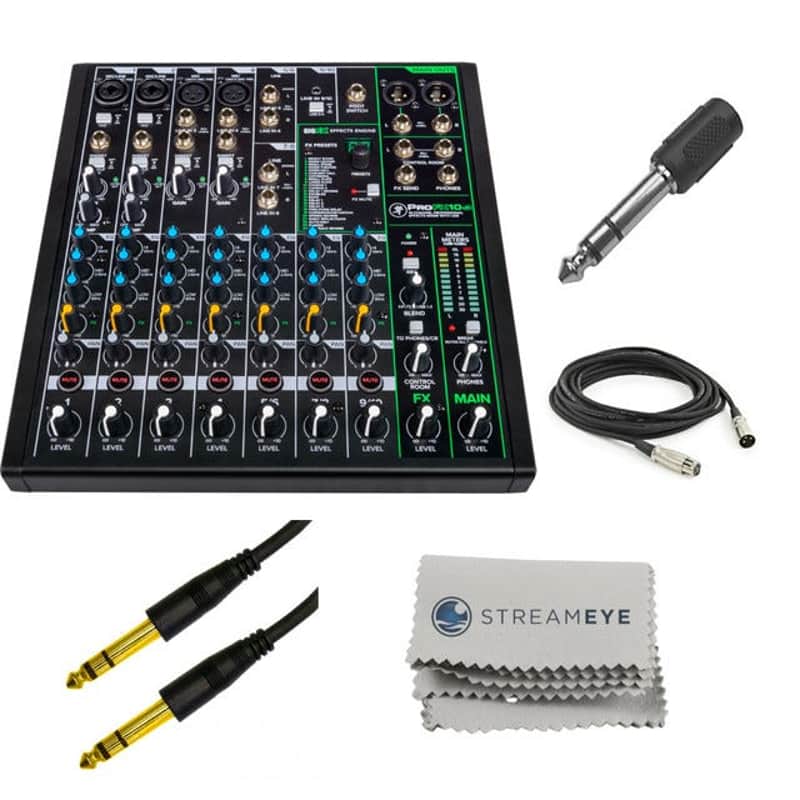 Mackie ProFX10v3 10-channel Mixer with USB and Effects with Calrad 35-542 1/4" Stereo Phone Plug to 3.5mm Mono Jack, Calrad 55-853G-6 3 Conductor 1/4" Stereo Plug to 1/4" Stereo Plug 6' Long - Gold, Cable Ties, CLR Cables, and a Streameye Cloth image 1