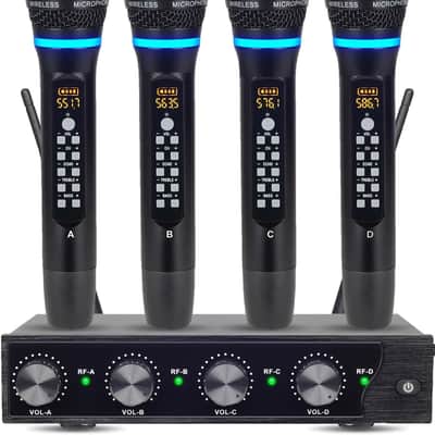 Rechargeable Wireless Microphone System 4 Channel, UHF Metal Handheld Wireless Microphones Cordless Mics with Echo Treble BASS VOL Channel Control for Karaoke Singing Church image 2