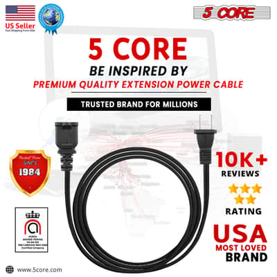 5Core Power Cord Cable 2-Prong Male-Female Extension AC 2-Prong Male-Female Power Cable 12 Foot EXC BLK 12FT 6PCS image 8