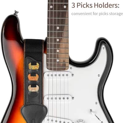 Guitar Strap, 100% Soft Cotton Guitar Straps With 3 Pick Holders For Bass, Electric & Acoustic Guitar (Black) image 4