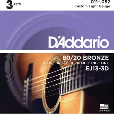 D'Addario EJ13-3D 80/20 Bronze Acoustic Guitar Strings - Custom Light (11-52) 3-Pack