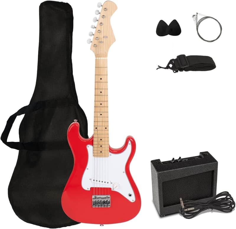 30 Inch Kids Electric Guitar Beginner Kit, Junior Size Mini Electric Guitar for Children with Amplifier (battery/adaptor not included) and Guitar bag, Red image 1