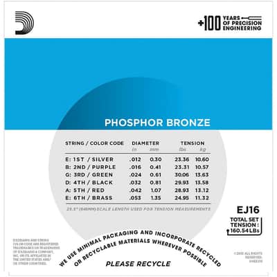 D'Addario EJ16 Light Phosphor Bronze Acoustic Strings 12-53 image 3