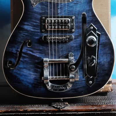Postal Midnight Special Flamed Maple Blue Silverplate Engraved Pickguard Bigsby image 4