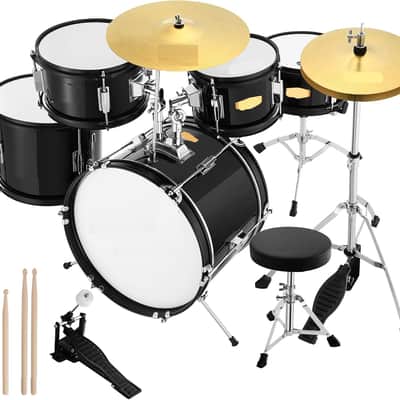 Drum Set 16 inch 5-Piece, Junior Drum Kit for Beginners Kids Teenagers with Adjustable Throne and Cymbal, Pedal & Drumsticks, Metallic Black image 1