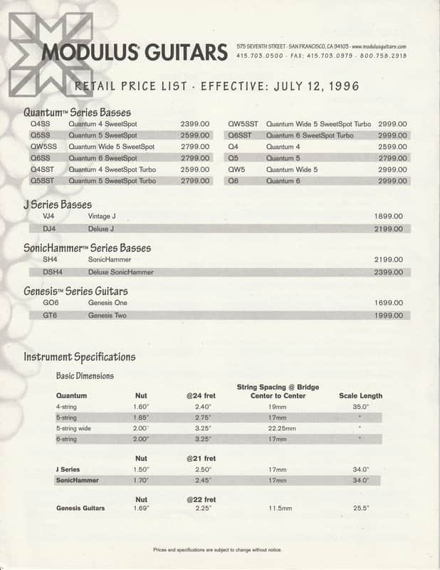 Modulus- Guitars, Retail Price List, 1996 image 1