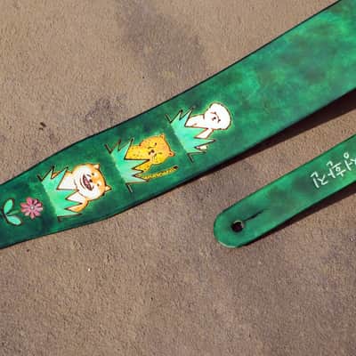 burnyblack custom made guitar strap - animals in forest leather/green image 9