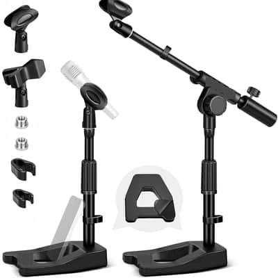 Mic Stand Desk Adjustable - Boom Arm Desktop Microphone Stand Metal Weighted Base A-frame Table Mic Mount with 2 Mic Clips 3/8" to 5/8" Screw Adapter Mic Mount for Singing Stage Performance image 1