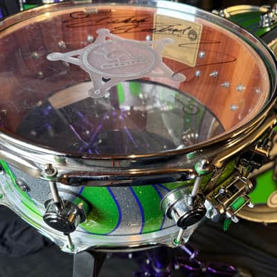Rikki Rockett's Poison 2022 Stadium Tour DW 6-Piece Drum Set, Green/Silver Sparkle Flame. SIGNED! image 19