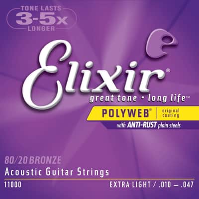 Elixir 11000 Polyweb Extra Light Coated 80/20 Bronze Acoustic Guitar Strings, 10-47 image 1