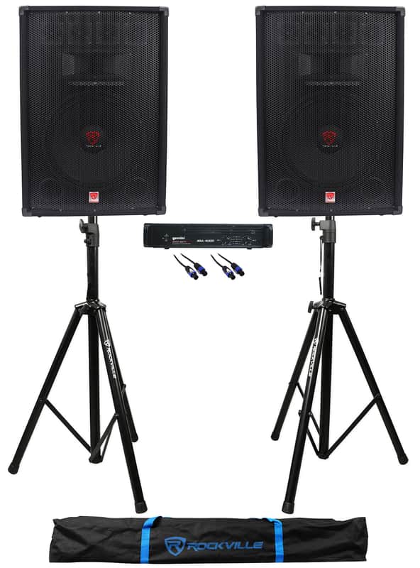 2) Rockville RSG15.4 15" 1500w DJ/Pro PA Speakers+Gemini Amplifier+Stands+Cables image 1