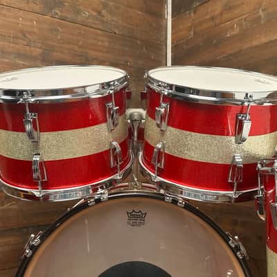 1968 Ludwig Red / Silver Sparkle Tri-Band Drum Set w/ Matching Canister Throne 22/13/13/16 image 11