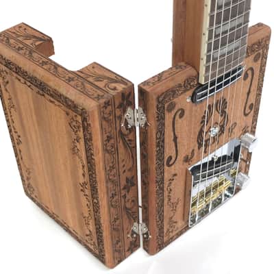 Handcrafted 2 Pickup Engraved Mahogany 6 String Opening Body 24.75"Scale Electric Cigar Box Guitar image 4
