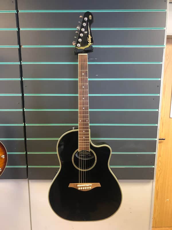 Vintage Synergy Series VR6BK Gloss Black Bowlback Electro Acoustic Guitar image 1