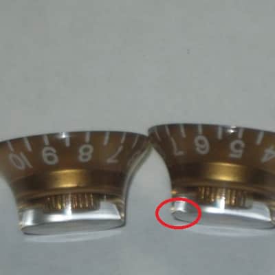 TWO very lightly used genuine Gibson Gold TOP HAT Knobs (ONLY 2 of the 4 knobs from PRHK-020 set are for sale) TOP Edge of ONE OF THE KNOBS has two very short very light nick image 13