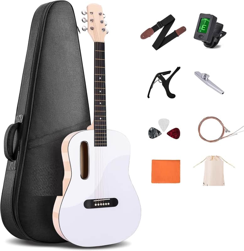 Acoustic Guitar Kits for Beginners Adults - 38" Steel-String Guitars Bundle with Online Lesson Wooden Bowl Guitarra Starter Set Package with Bag, Strap, Picks, Capos, Kazoo, White image 1