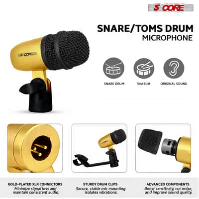 5 Core Drum Microphone Kit 7 Piece All Metal Drummer Instrument Mics Tom/Snare & Cymbals Set - Gold image 3