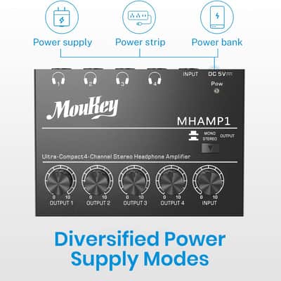 4 Channels Headphone Amp Amplifier Stereo Audio Mini Headphone Portable Amplifier  - 4x Quarter Inch Balanced TRS Headphone Output and TRS Audio Input image 4