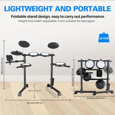 Electric Drum Set with Quiet Mesh Drum Pads, Electronic Drum Set for Beginner 2 Leg with Cymbals, Pedal, Upgraded Drum Module, 144 Sounds, Bluetooth, USB MIDI, Headphone, Drum Stool, Sticks image 6