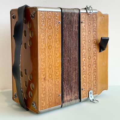 1940 Hohner A/D Button Accordion Natural Blonde Rare Vintage Embossed/Engraved Wood Design Concertina image 5