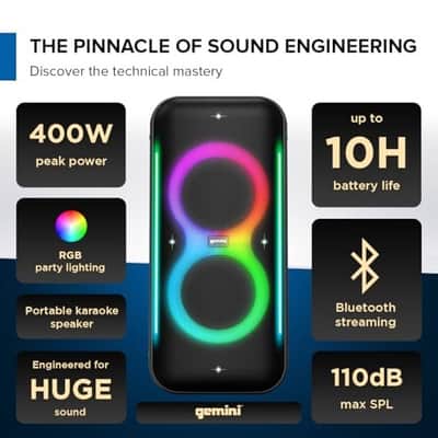 Gemini Sound UltraRave Duo - 400W Peak Power, Bluetooth Party Speaker with TWS Linking, FM Radio, LED Party Lighting FX, X Drive Bass Boost, Includes Wireless Mic & Remote, 10hr Play Time image 7