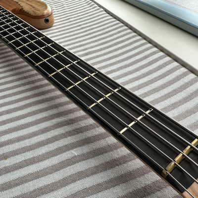 MG Bass MGBASS JB1 SPALTED MAPLE 5-string bass, Made in USA, SPALTED MAPLE top, ASH body, 3-piece MAPLE neck, EBONY fretboard, BARTOLINI pickups and preamp, Italia Leather Straps 4” wide Acorn Amber strap, GATOR hardshell case image 8