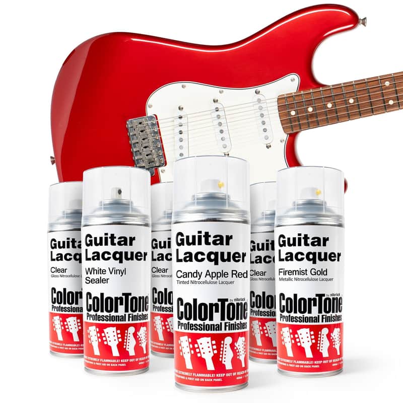 ColorTone Candy Apple Red Aerosol Finishing Set with Gold Base – Vintage Candy Apple Translucent Nitro Guitar Finish with Firemist Gold Metallic Undercoat and Clear Gloss Topcoat for Electric Guitar Builds image 1