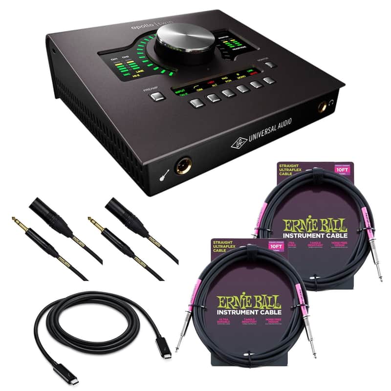 Universal Audio Apollo Twin X DUO Thunderbolt 3 Heritage Edition, Thunderbolt 3 Cable, (2) Mogami XLR to 1/4, (2) ErnieBall 1/4 Cables Bundle image 1
