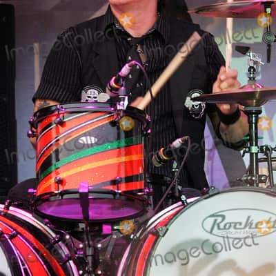 Rikki Rockett's Poison, Rockett Drum Works 2011 Tour Set. Maple/Carbon Fiber 18x22 (x2) 14.5x16, 12.5x14, 9.5x12. MultiColor Stripe Wrap image 3