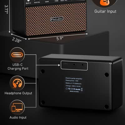 Flatsons FBA-10 Guitar Amp, 10W Mini Electric Guitar Amplifier with Clean/Drive Channel, 6H Working, USB-C Rechargeable, 3.5mm Headphone/AUX Jack, Wireless Portable Amp for Indoor Practice, Traveling image 9
