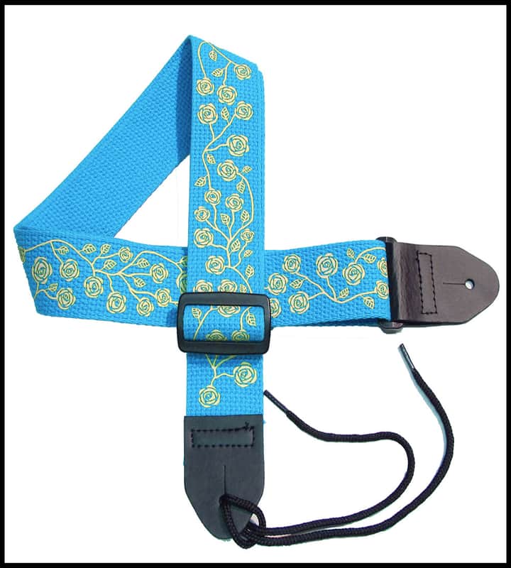 Girls Guitar Strap 2" Cotton Guitar Strap with Yellow Roses on a Turquoise Strap image 1